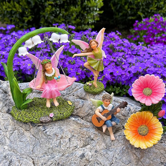 Mood Lab Fairy Garden Figurines - Dancing Swing Set (5 pcs) - Miniature Decorative Statues & Accessories - Outdoor & Indoor Garden Decor
