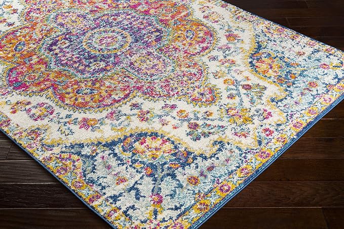 Livabliss Area Rugs - 5x7 Romaine Vintage Boho Fuchsia Mustard Blue Area Rug for Living Room Bedroom - Floral Medallion Stain Resistant Carpet for Kitchen, Nursery, Office (5'3" x 7'6")