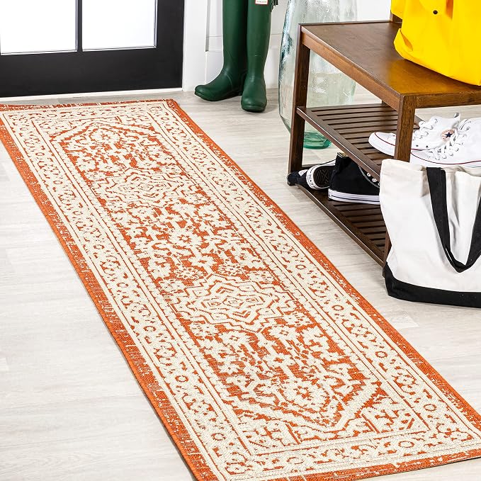 JONATHAN Y Medallion Weave Indoor Outdoor Runner Rug 2X8 Orange/Cream, Sinjuri Textured for Backyard, Patio, Porch, Easy-Cleaning, High Traffic, Pet-Friendly, Non-Shedding (SMB101F-28)