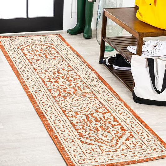 JONATHAN Y Medallion Weave Indoor Outdoor Runner Rug 2X8 Orange/Cream, Sinjuri Textured for Backyard, Patio, Porch, Easy-Cleaning, High Traffic, Pet-Friendly, Non-Shedding (SMB101F-28)