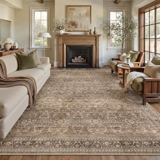 8x10 Brown Vintage Distressed Washable Area Rug for Living Room | Low Pile, Non Slip, Retro Style, Soft Distressed Large Area Rug for Living Room, Bedroom, Dining Room, Office, Home Decor