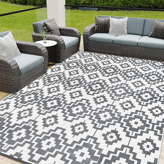 HUGEAR Outdoor Plastic Straw Rug, Waterproof Outdoor Rugs for Patios Clearance, Reversible Area Rug, Large Outside Carpet for Camping, Balcony, RV, Deck, 8x10ft Geometric/Gray&White