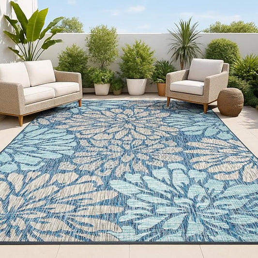 JONATHAN Y Floral Textured Weave Indoor Outdoor Area Rug 8X10 Navy/Aqua, Zinnia Modern for Backyard, Patio, Porch, Easy-Cleaning, High Traffic, Pet-Friendly, Non-Shedding (SMB110C-8)