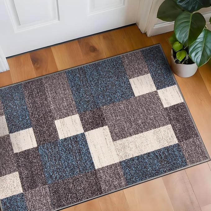 Rugshop Geometric Boxes Non-Slip Contemporary Area Rug Blue 20" x 30" | Non-Shedding, Rectangular, Size 20" x 30", Living Room, Bedroom, Dining Room, Home Office, Kitchen, Entryway, Hallway