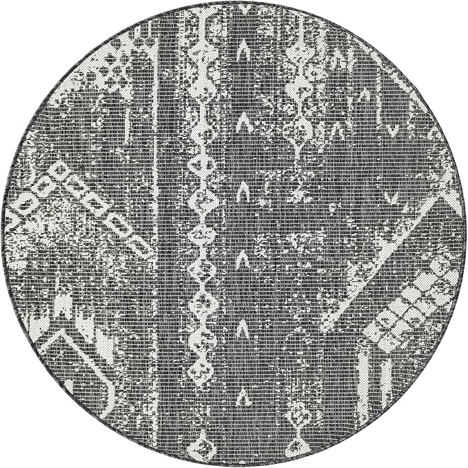 Unique Loom Outdoor Bohemian Collection Area Rug - Anthro (4' 1" Round, Charcoal Gray/ Ivory)