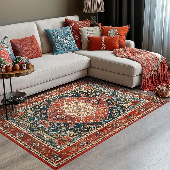 YJ.GWL Area Rugs for Living Room 3x5 Machine Washable Rugs for Bedroom, Non Slip Floral Vintage Rug Indoor Carpet, Small Floor Throw Rug for Dining Room Kitchen, Orange-Red