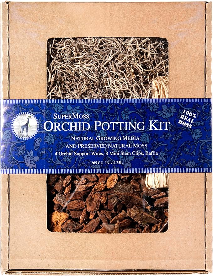 SuperMoss (90450) Orchid Potting Kit, Complete Orchid Care Set with Preserved Moss, Orchid Bark, Floral Clips and Stakes, 200 Cu. in., Spanish Moss, Natural