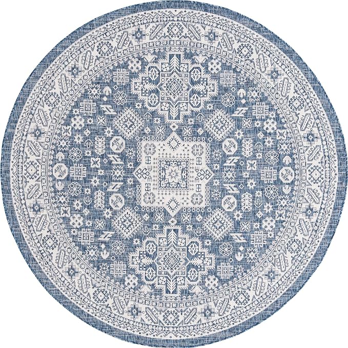 Unique Loom Outdoor Aztec Collection Area Rug - Chalca (7' 10" Round, Blue/ Ivory)