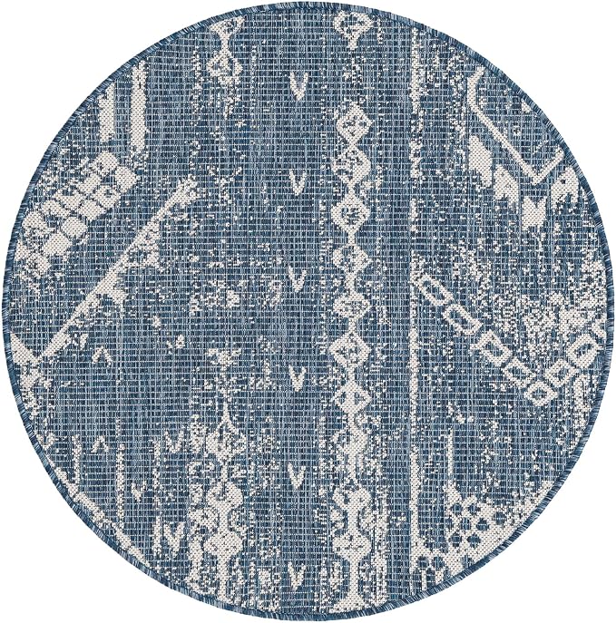 Unique Loom Outdoor Bohemian Collection Area Rug - Anthro (3' 3" Round, Blue/ Ivory)