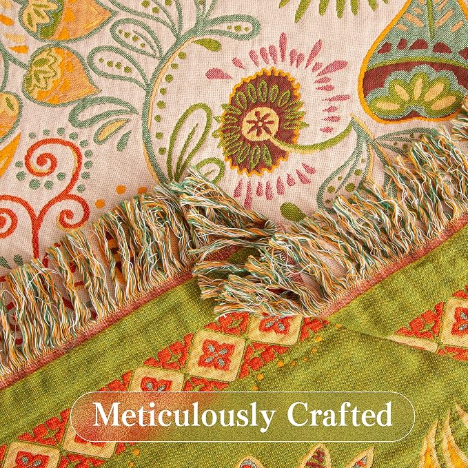 Phuryllic Boho Throw Blanket Full Size, Extra Large Soft Cozy Cotton Muslin Quilt Blanket for Bed Decor, Floral Patterned Couch Sofa Chair Cover, Vintage Farmhouse Cottage Woven Blanket, Coral&Green