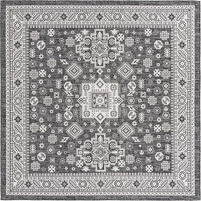 Unique Loom Outdoor Aztec Collection Area Rug - Chalca (10' Square, Charcoal Gray/ Ivory)