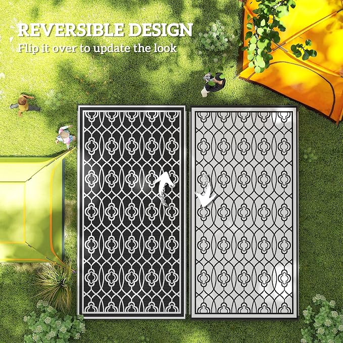Outsunny Outdoor Rug for Patio, 9' x 18' Waterproof Large Mat, Reversible Plastic Straw Rug for Decor, Portable Outside RV Camping Area Carpet Mat for Backyard Porch Deck Picnic, Black & White Lantern