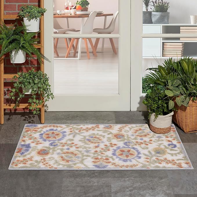Nourison Home Aloha Ivory Blue 2'8" x 4' Area Rug - Easy Clean, Non Shedding, Bed Room, Living Room, Dining Room, Kitchen (3' x 4')