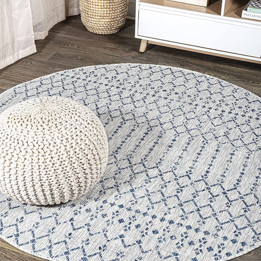 JONATHAN Y Moroccan Geometric Indoor Outdoor Round Area Rug 5 Ft Light Gray/Navy, Ourika Textured Weave for Backyard, Patio, Porch, Easy-Cleaning, High Traffic, Pet-Friendly, Non-Shedding SMB108A-5R