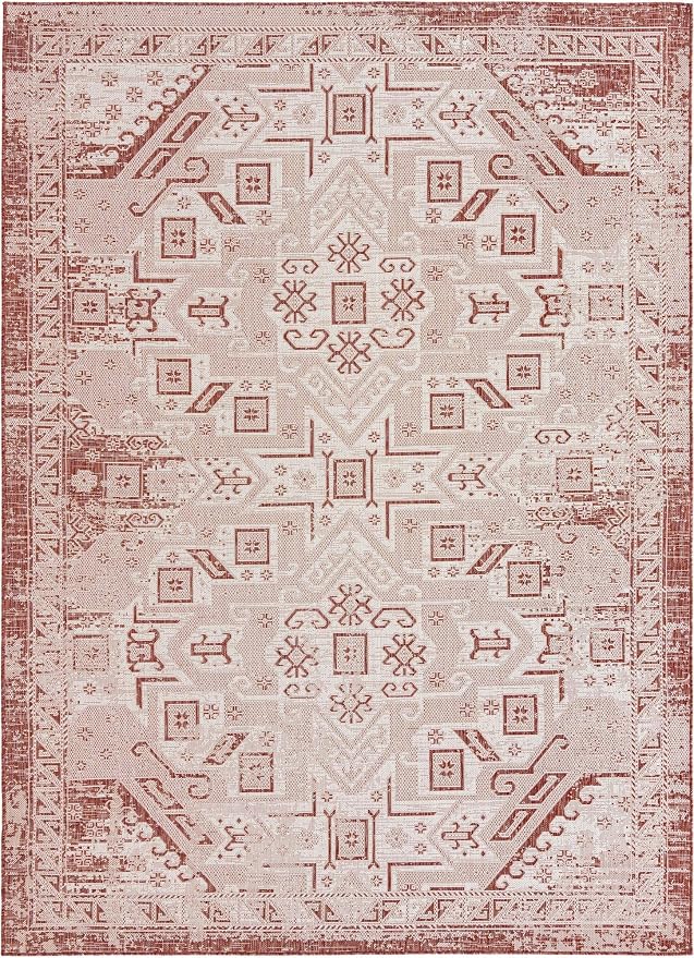 Unique Loom Outdoor Aztec Collection Area Rug - Coba (7' 10" x 11' Rectangle, Rust Red/ Ivory)