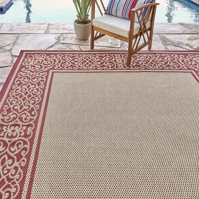 Gertmenian Indoor/Outdoor Flatweave Area Rug - 6x9 Medium, Stain & UV Resistant, Ideal For Deck, Patio, Poolside, Mudroom - Abstract Border, Red Tan, 22969