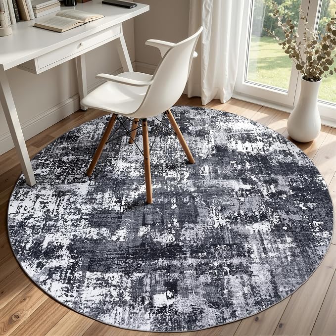 Sasttie 4ft Round Area Rug, Modern Abstract Circle Carpet, Black & White | Machine Washable, Ultra-Soft Faux Wool, Low Pile, Non-Slip, Lightweight, Thin, for Living Room, Bedroom, Dinning Room & Dorm