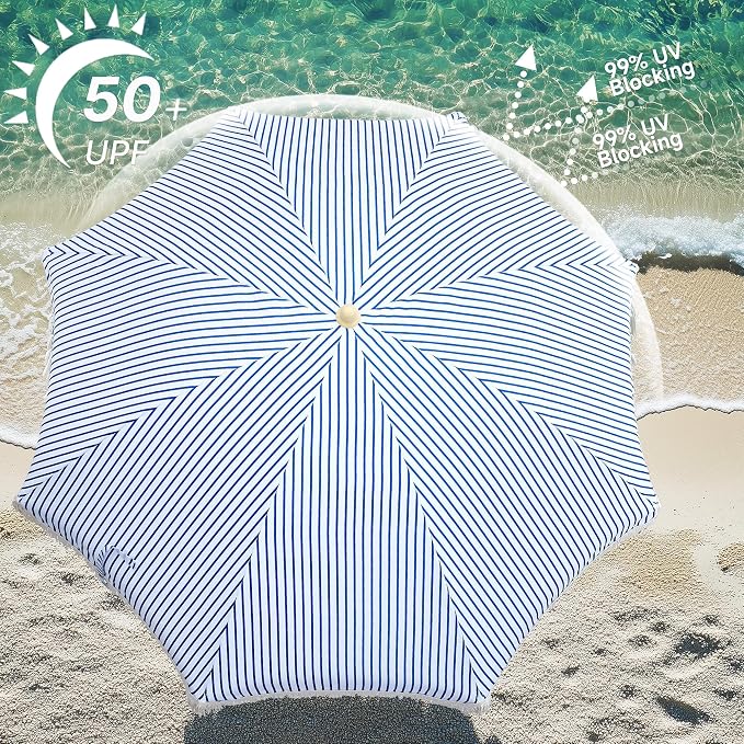 6.5FT Boho Patio Umberlla with Fringe,UPF50+ Outdoor Umbrella with Fiberglass Ribs and Push Button Tilt,Tassels Umbrella for Beach,Terrace,Picnic