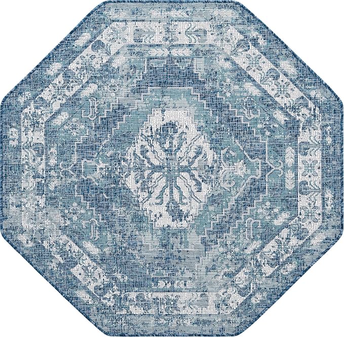 Unique Loom Outdoor Traditional Collection Area Rug - Valeria (5' 3" Octagon, Blue/ Ivory)