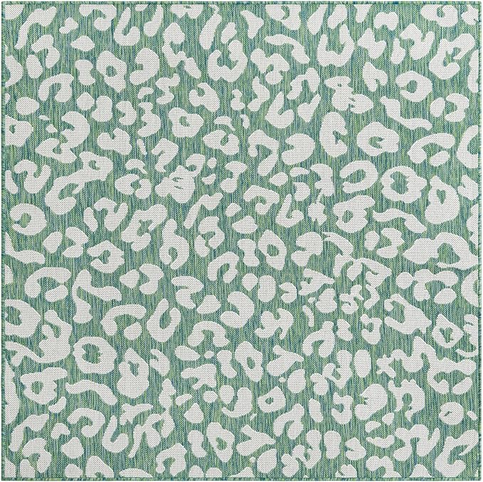 Unique Loom Outdoor Safari Collection Area Rug - Leopard (5' 3" Square Green Blue/Ivory)