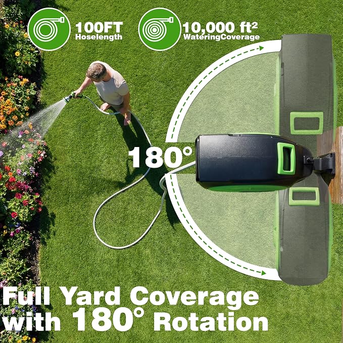 Retractable Garden Hose Reel 150FT x 1/2 in, Wall Mount Water Hose Reel for Outside with Auto Rewind, Tangle-Free Guide, 180° Swivel Bracket, Lock at Any Length, High-Pressure Flow, 10-Pattern Nozzle