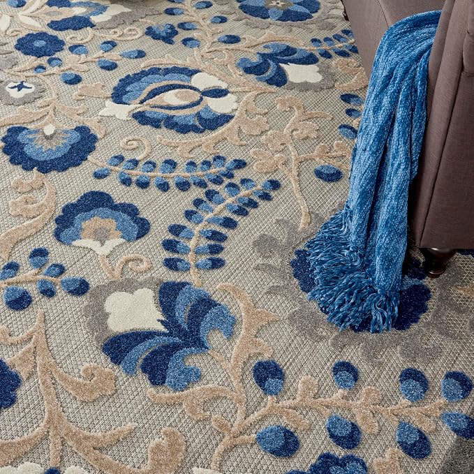 Nourison Home Aloha Natural Blue 7'10" x 10'6" Area Rug - Easy Clean, Non Shedding, Bed Room, Living Room, Dining Room, Kitchen (8' x 11')