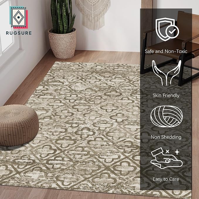 Washable Area Rugs, 9' x 12' - 1/6 Thick - Stain & Water Resistant Non-Slip - Perfect Resistant Rug for Living Room, Bedroom, Nursery, Pet & Child Friendly, Vibrant Colors Rugs, Brown