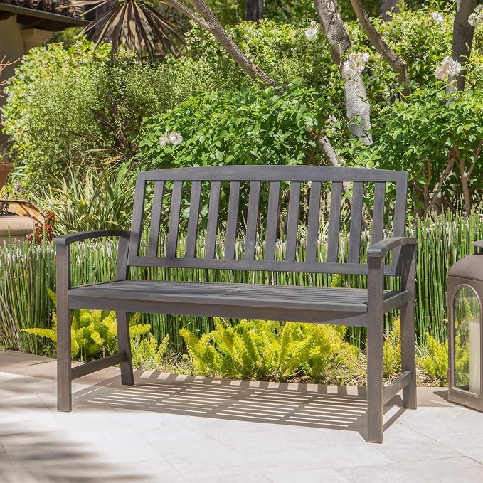 Christopher Knight Home Loja Outdoor Acacia Wood Bench, Dark Grey Finish