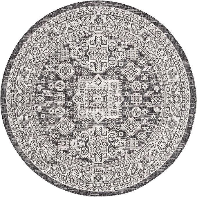 Unique Loom Outdoor Aztec Collection Area Rug - Chalca (5' 3" Round, Charcoal Gray/ Ivory)