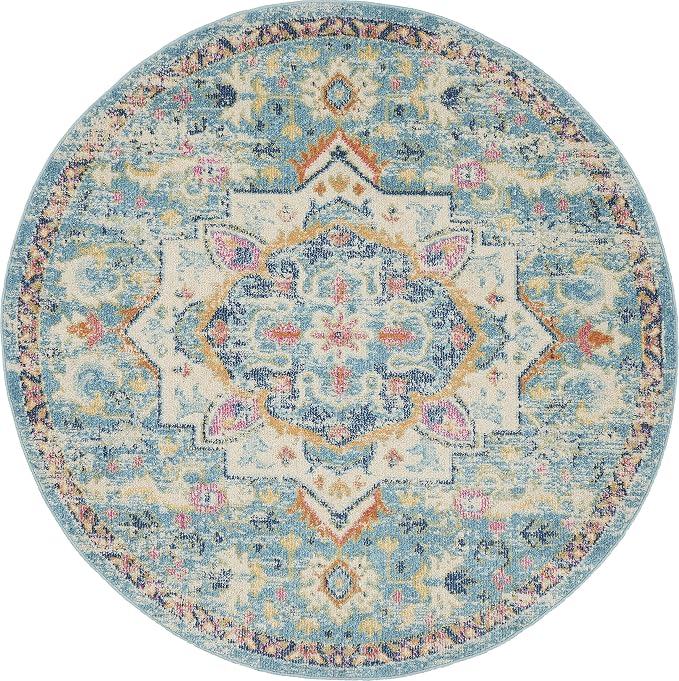 Nourison Home Passion Ivory Light Blue 5' x Round Area Rug - Easy Clean, Non Shedding, Bed Room, Living Room, Dining Room, Kitchen (5' x Round)