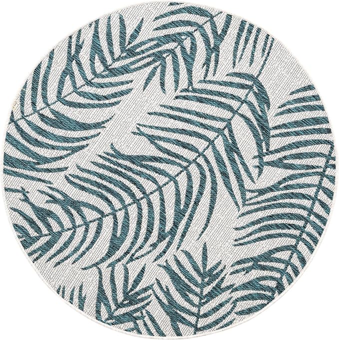 Unique Loom Outdoor Botanical Collection Area Rug - Palm (4' 1" Round, Teal Ivory)
