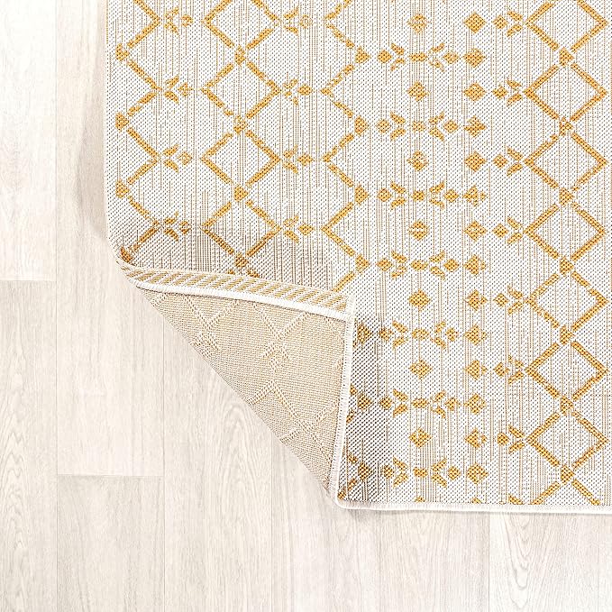 JONATHAN Y Moroccan Geometric Indoor Outdoor Round Area Rug 5 Ft Cream/Yellow, Ourika Textured Weave for Backyard, Patio, Porch, Easy-Cleaning, High Traffic, Pet-Friendly, Non-Shedding (SMB108J-5R)