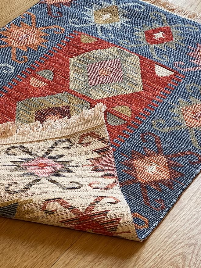 Secret Sea Collection: Modern Kilim Series Small Area Rug, Washable, Reversible, Cotton (2 x 3 feet, Antique Birds)