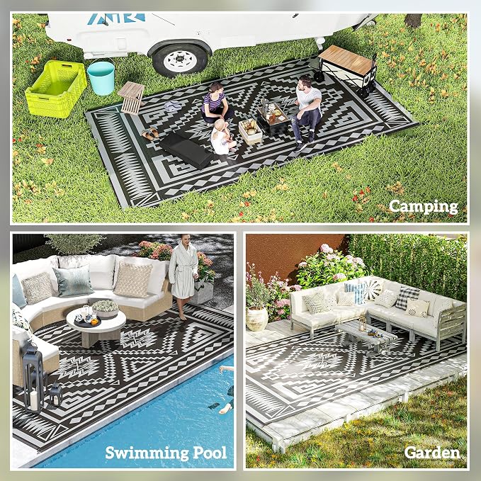 Outsunny Outdoor Rug for Patio, 9' x 18' Waterproof Large Mat, Reversible Plastic Straw Rug for Decor, Portable Outside RV Camping Area Carpet Mat for Backyard Porch Deck Picnic, Black & Gray Square