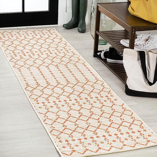 JONATHAN Y Moroccan Geometric Indoor Outdoor Runner Rug 2X10 Cream/Orange, Ourika Textured Weave for Backyard, Patio, Porch, Easy-Cleaning, High Traffic, Pet-Friendly, Non-Shedding (SMB108O-210)