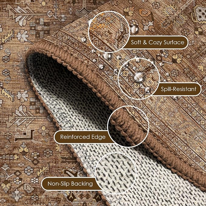 Washable Area Rug 2'6'' x 8' Vintage Traditional Persian Mat - Foldable Distressed Non-Slip Machine Washable Carpet for Living Room Bedroom Kitchen Home Decor - Bronze and Ivory