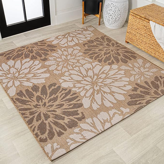 JONATHAN Y Floral Textured Weave Indoor Outdoor Square Area Rug 4X4 Brown/Cream, Zinnia Modern for Backyard, Patio, Porch, Easy-Cleaning, High Traffic, Pet-Friendly, Non-Shedding (SMB110I-4SQ)