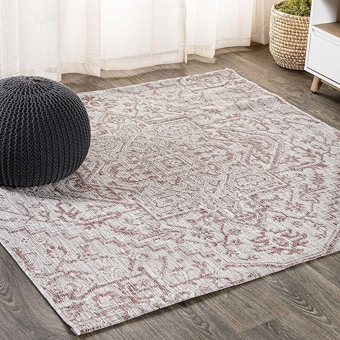JONATHAN Y Boho Medallion Indoor Outdoor Square Area Rug 3X3 Red/Taupe, Estrella Textured Weave for Backyard, Patio, Porch, Easy-Cleaning, High Traffic, Pet-Friendly, Non-Shedding (SMB105A-3SQ)