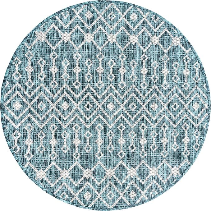Unique Loom Outdoor Trellis Collection Area Rug - Tribal Trellis (3' 3" Round, Teal/ Ivory)