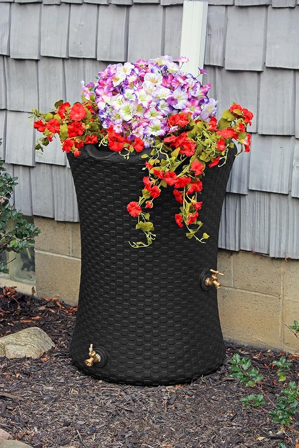 Good Ideas Impressions 50 Gallon Nantucket Outdoor Home Rain Barrel Water Storage Collector with Garden Planter and Brass Spigot, Black