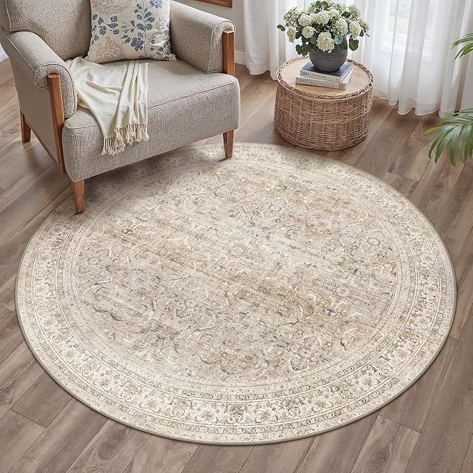4ft Round Beige Vintage Distressed Washable Rug for Living Room | Low Pile, Non Slip, Retro Style, Soft Distressed Round Rug for Living Room, Bedroom, Dining Room, Home Decor