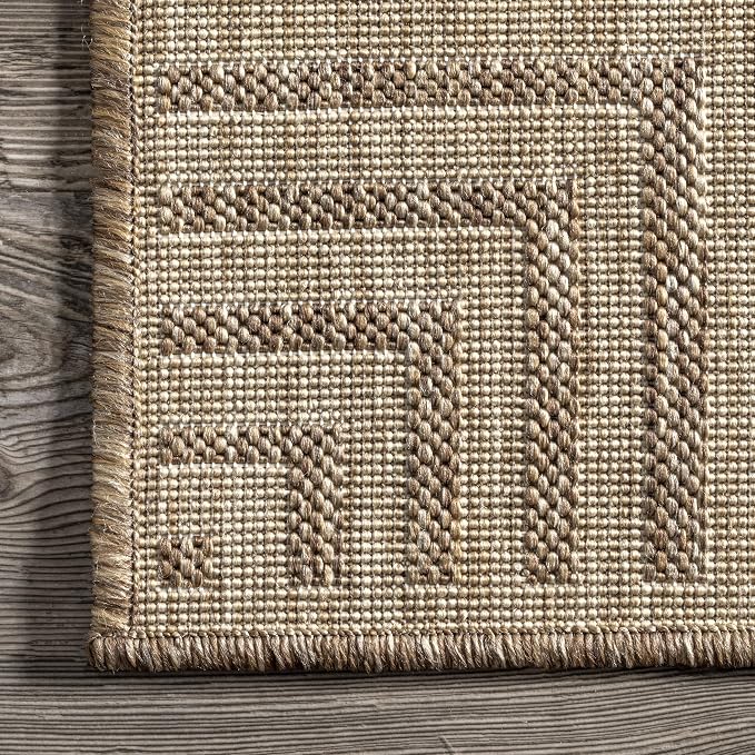 nuLOOM 5' x 8' Outdoor Area Rug, Casual Design With Striped Border, Stain Resistant, Highly Durable, For Patio, Balcony, Bedroom, Living Room, Dining Room, Bathroom, Light Brown