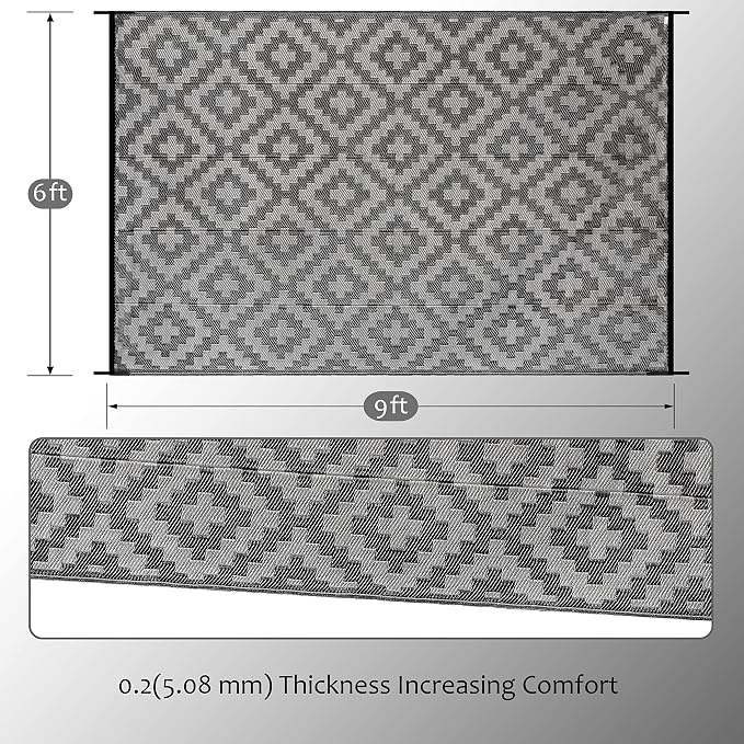 SAND MINE Waterproof Outdoor Rug 6x9 ft, Plastic Reversible Rug, Modern Area Rug, Large Floor Mat for Outdoors, RV, Patio, Backyard, Deck, Picnic, Beach, Camping, Black Grey Lattice