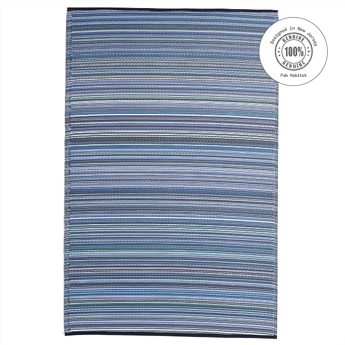 Fab Habitat Outdoor Rug - Waterproof, Fade Resistant, Crease-Free - Premium Recycled Plastic - Striped - Patio, Deck, Porch, Balcony, Laundry Room - Cancun - Indigo - 4 x 6 ft