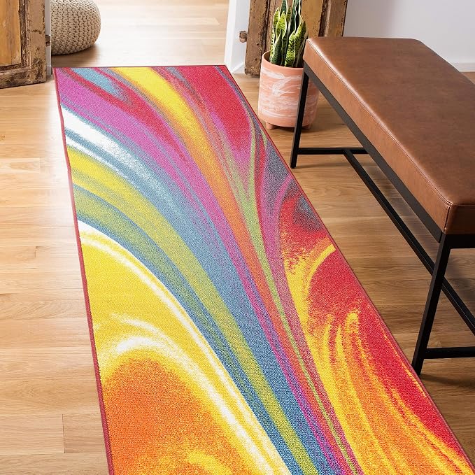 Rugshop Waves Non-Slip Contemporary Modern Runner Rug Multi 2' x 7' | Rectangular, Size 2' X 7', Living Room, Bedroom, Dining Room, Home Office, Kitchen, Entryway, Hallway, Nursery, Kids Room
