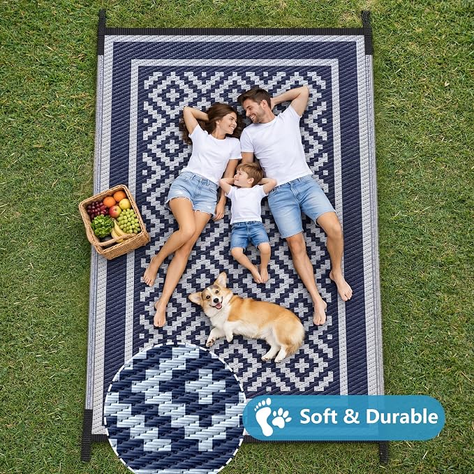 Kohree Outdoor Rug Waterproof 6x9 ft, RV Outdoor Plastic Straw Rug for Patios Clearance,Reversible Area Rug for Camping,Balcony,Deck,Blue