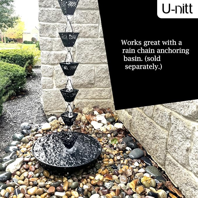 U-nitt Rain Chain Water Collection for Gutters Rainwater Catcher & Diverter, 8.5 FT Chains for Outside Garden, Black Square Cups, Roof Downspout, Works with Heavy Rain, w/Gutter Clip for Rainchains