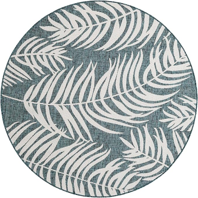 Unique Loom Outdoor Botanical Collection Area Rug - Palm (6' 1" Round Teal/Ivory)