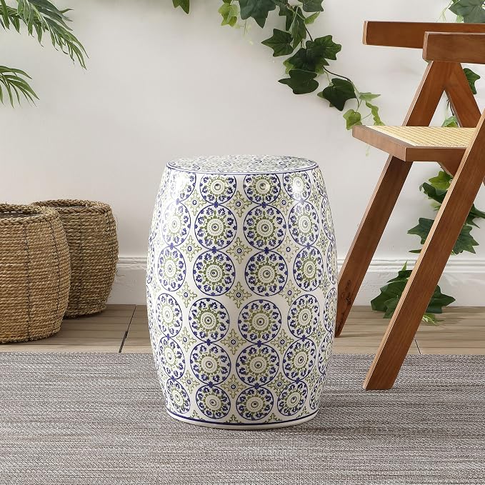 JONATHAN Y Lula 17.25" Chinoiserie Ceramic Drum Garden Stool, Traditional Floral Indoor/Outdoor Patio Side Table, Plant Stand, Blue/Green TBL1025A