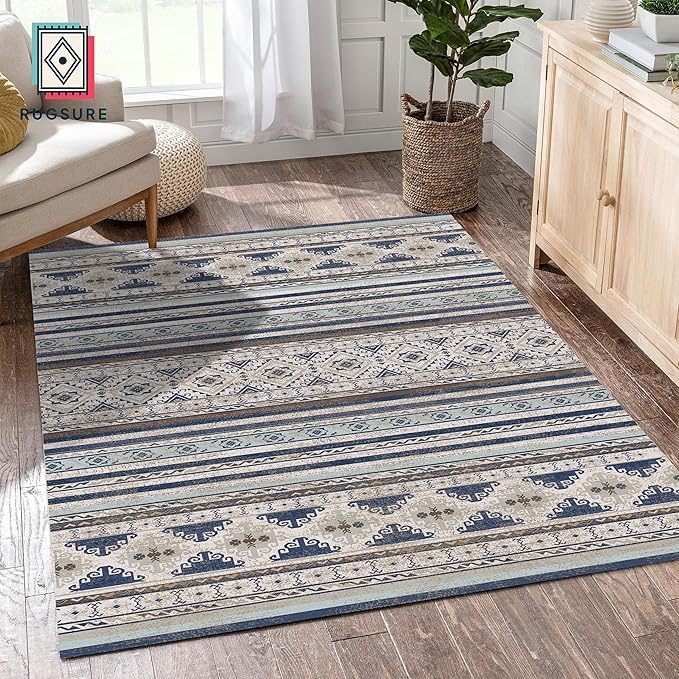 Washable Area Rugs 8' x 10' - 1/6 Thick - Moroccan-Inspired -Stain & Water Resistant Non-Slip - Resistant Rug for Living Room, Bedroom, Nursery, Pet & Child Friendly (Blue and Brown)
